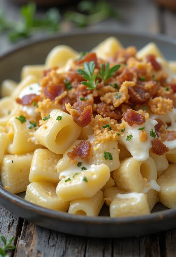 Massa com requeijão polvilhada com torresmos, servida com endro fresco