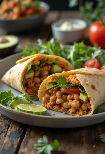 Wrap de tortilha vegano com legumes frescos e creme de feijão