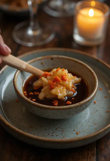 Glace asiática de gengibre servida numa molheira