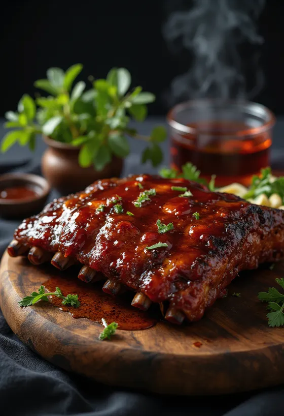 Entrecosto BBQ servido com batatas assadas e salada fresca