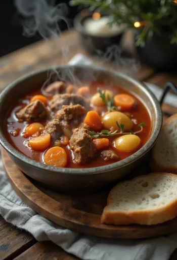 Goulash no caldeirão fumado, servido ricamente com pão fresco