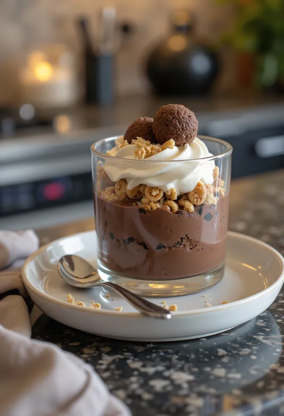 Creme de chocolate em copo com bolas servido