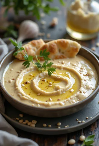 Molho de tahini com alho e caril numa taça