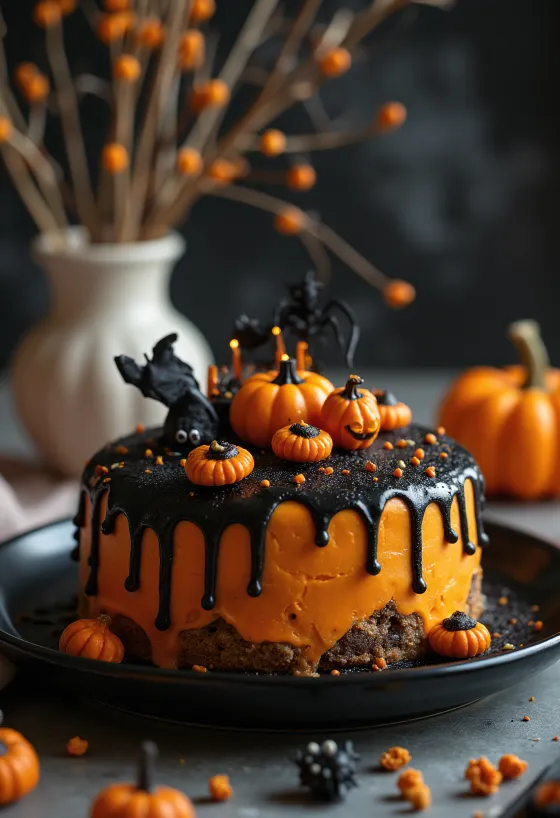 Bolo de Halloween com pasta de açúcar laranja e decoração preta