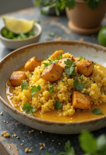 Quinoa de caril e lima com tofu
