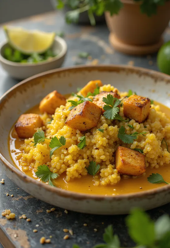 Quinoa de caril e lima com tofu