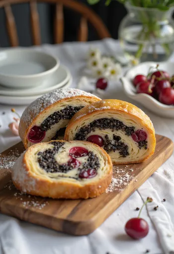 Fatias de Stollen de sementes de papoila e ginja servidas