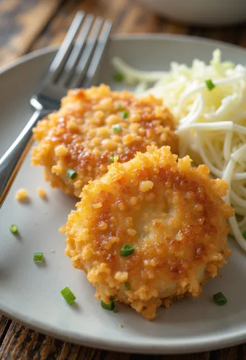Menchi Katsu com couve, hambúrguer frito em panado crocante servido com salada de couve