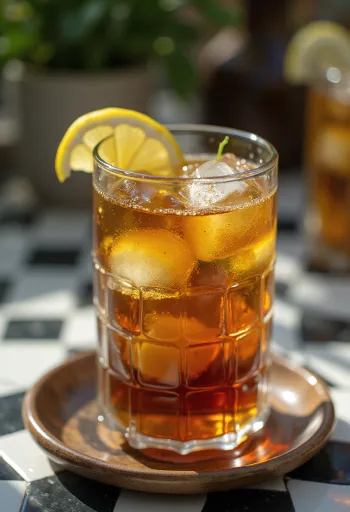 Chá gelado de menta com fatias de lima e folhas de menta num copo