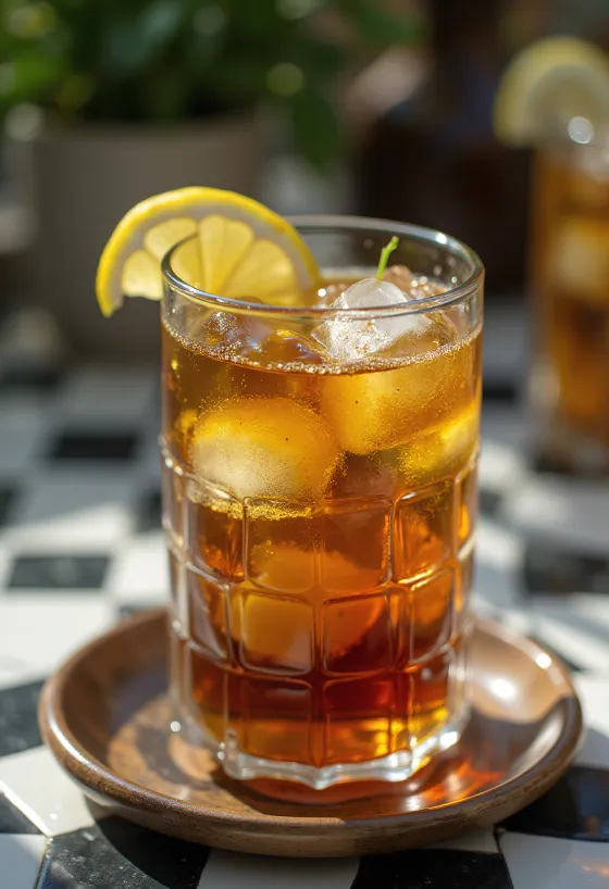 Chá gelado de menta com fatias de lima e folhas de menta num copo