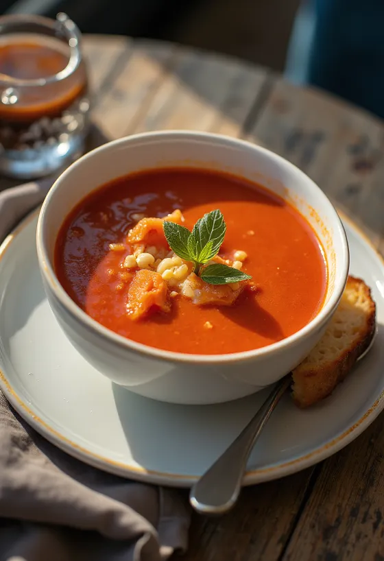Sopa de tomate servida com manjericão perfumado e cubos de pão torrado
