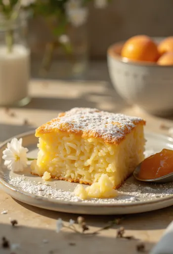 Suflé de arroz dourado no forno, polvilhado com açúcar em pó e servido com doce de fruta