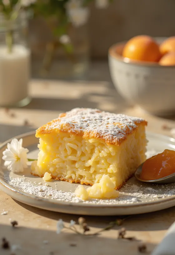 Suflé de arroz dourado no forno, polvilhado com açúcar em pó e servido com doce de fruta