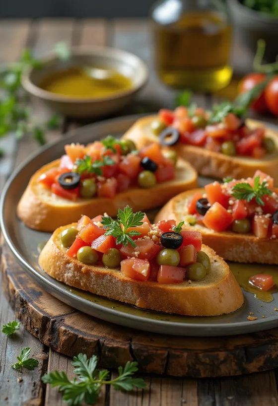 Bruschetta com azeitonas, mistura de tomate, decorada com manjericão fresco
