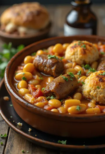 Cassoulet com borrego, prato único com feijão e chouriço