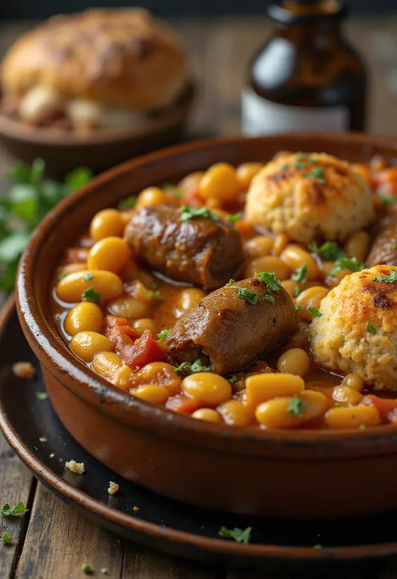 Cassoulet com borrego, prato único com feijão e chouriço