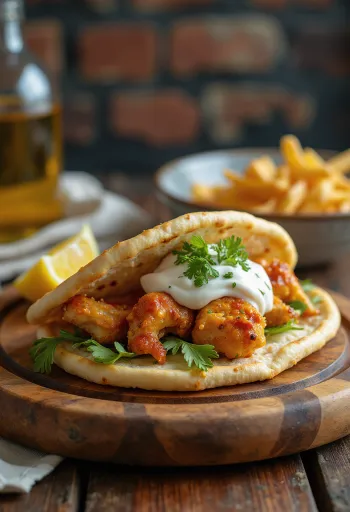 Pita picante com frango harissa, legumes e molho de iogurte servido