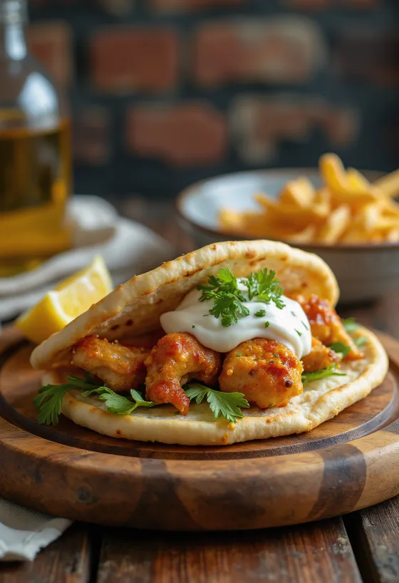 Pita picante com frango harissa, legumes e molho de iogurte servido