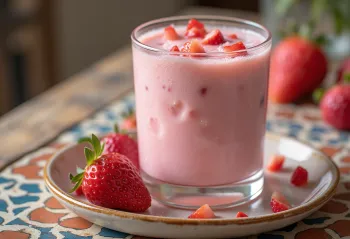 Copo alto com bebida cor-de-rosa de iogurte e morango