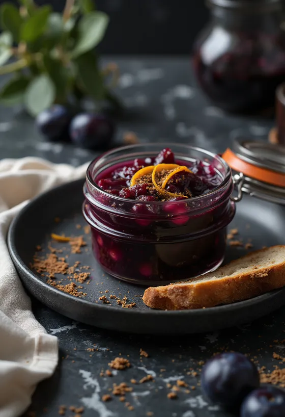 Chutney de ameixa com canela e raspa de laranja em frasco