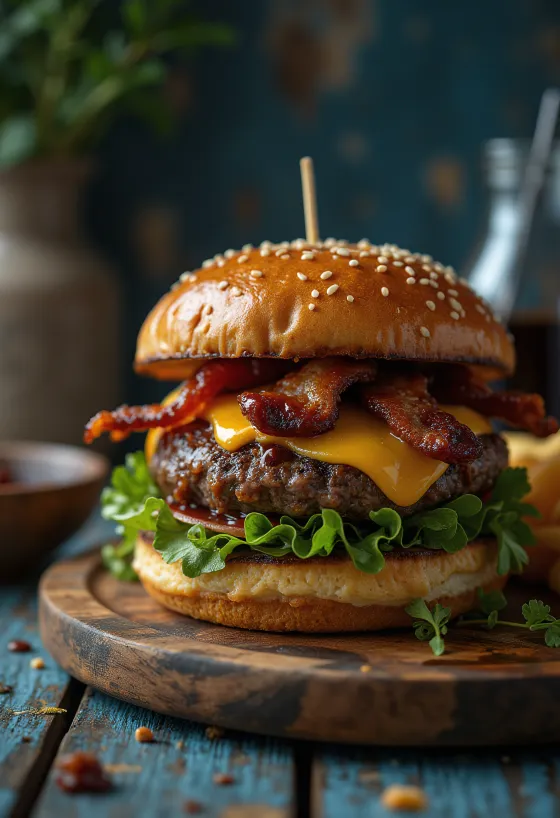 Hambúrguer fumado com queijo cheddar e bacon