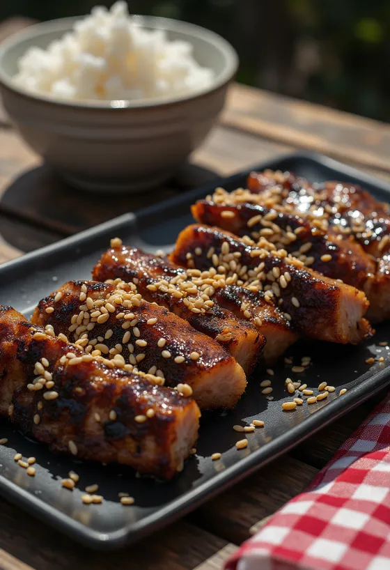 Kalbi Galbi, carne de vaca grelhada coreana com sementes de sésamo e frutas frescas