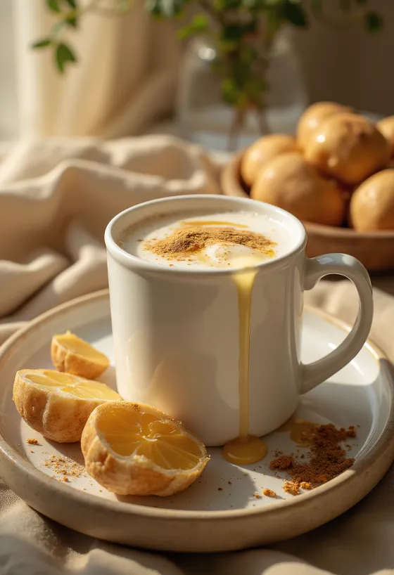 Leite com mel numa caneca decorado com canela