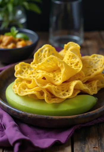 Roti jala servido em folha de bananeira, delicioso prato malaio