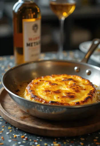 Saganaki flambé, com crosta dourada, servido com uma rodela de limão