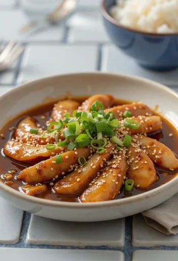 Shogayaki com mirin, frango marinado em molho de soja, servido com sementes de sésamo e cebolinho