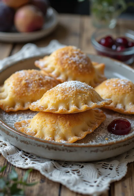 Derelye com doce de ameixa recém-cozido, polvilhado com pão ralado torrado.