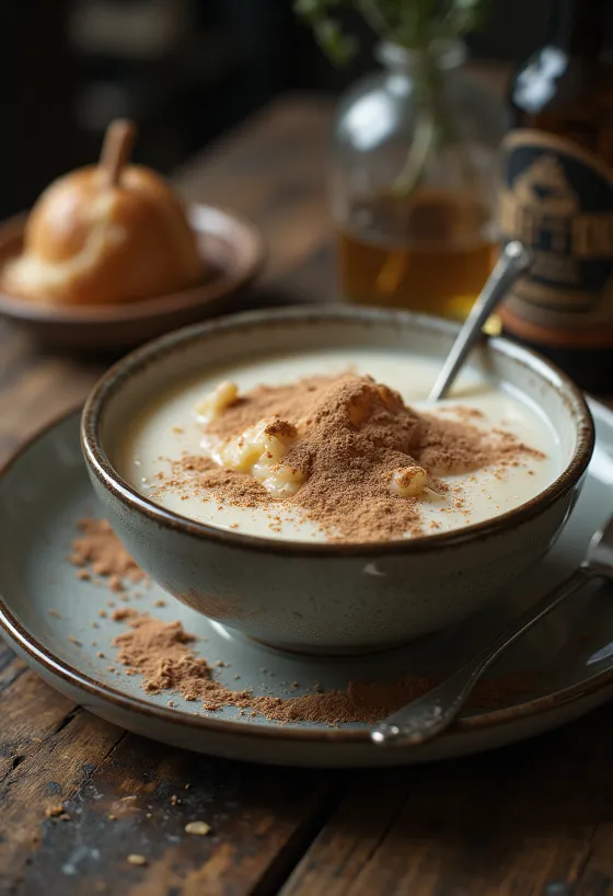 Papas de sêmola cremosas polvilhadas com cacau, servidas com fruta fresca.
