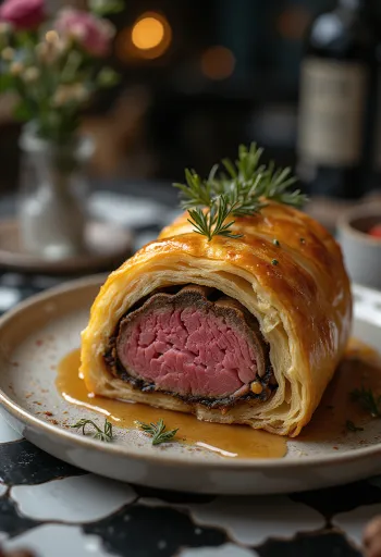 Bife Wellington fatiado, servido com legumes frescos