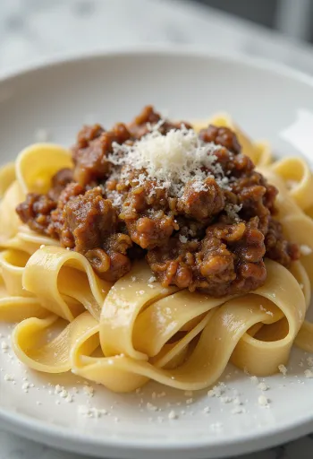 Ragu de javali com pappardelle servido num prato rústico